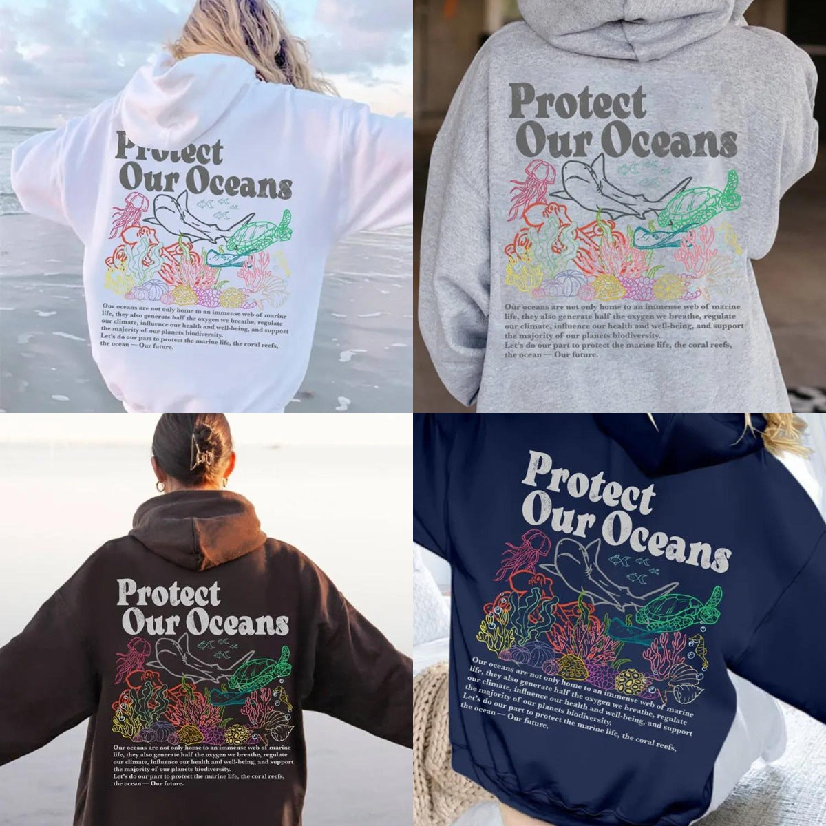 Sweater til kvinder, løs pasform, Protect Our Oceans hættetrøje