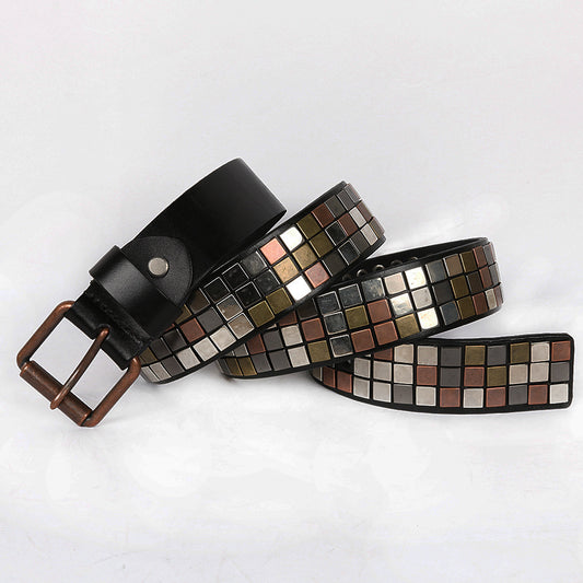 Hairdresser's Top Layer Leather Flat Studded Belt With Square Patch