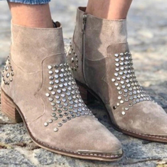 Retro Side Zipper Thick Heel Sequined Rhinestone Large Size Women's Ankle Boots