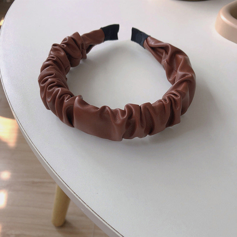 French High-end PU Leather Pleated Headband