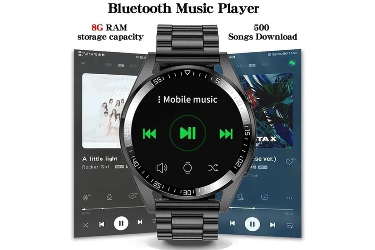 2024 New 8G RAM Smart Watch Men Always Display the Time Bluetooth Call Local Music Smartwatch for Mens Android Ios TWS Earphones - Leather Dark Grey1