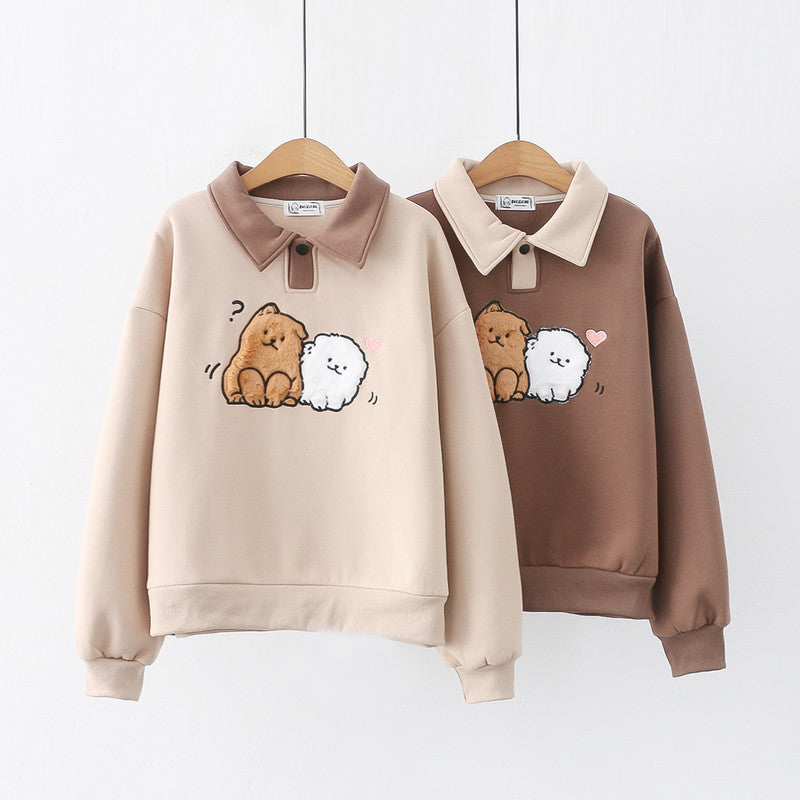 Winter Cartoon Wool Embroidery Puppy Thickened Pullover Long Sleeve Sweater
