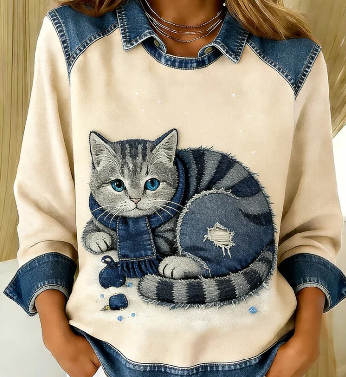 Womens Denim Crew-Neck 3D Digital Print V-Neck T-Shirt
