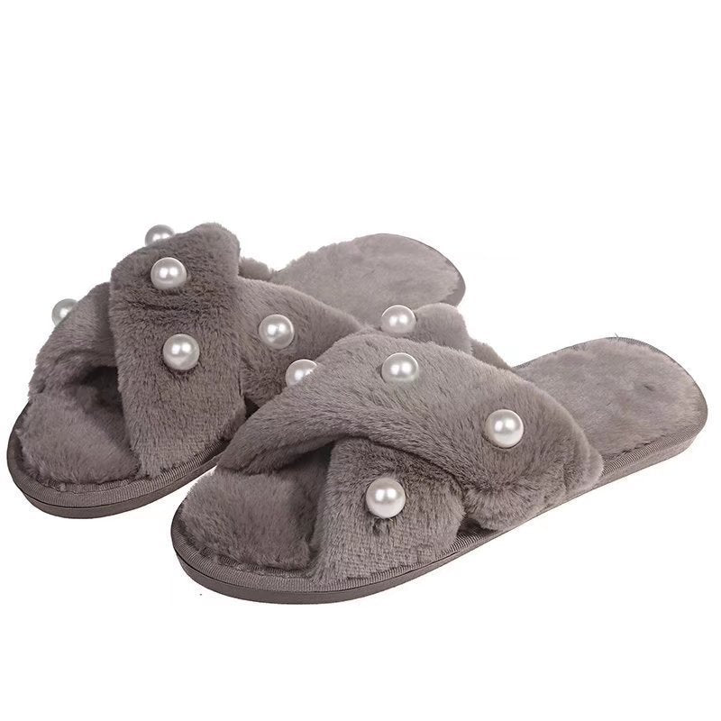 Women's Indoor And Outdoor Warm Pearl Cross Slippers