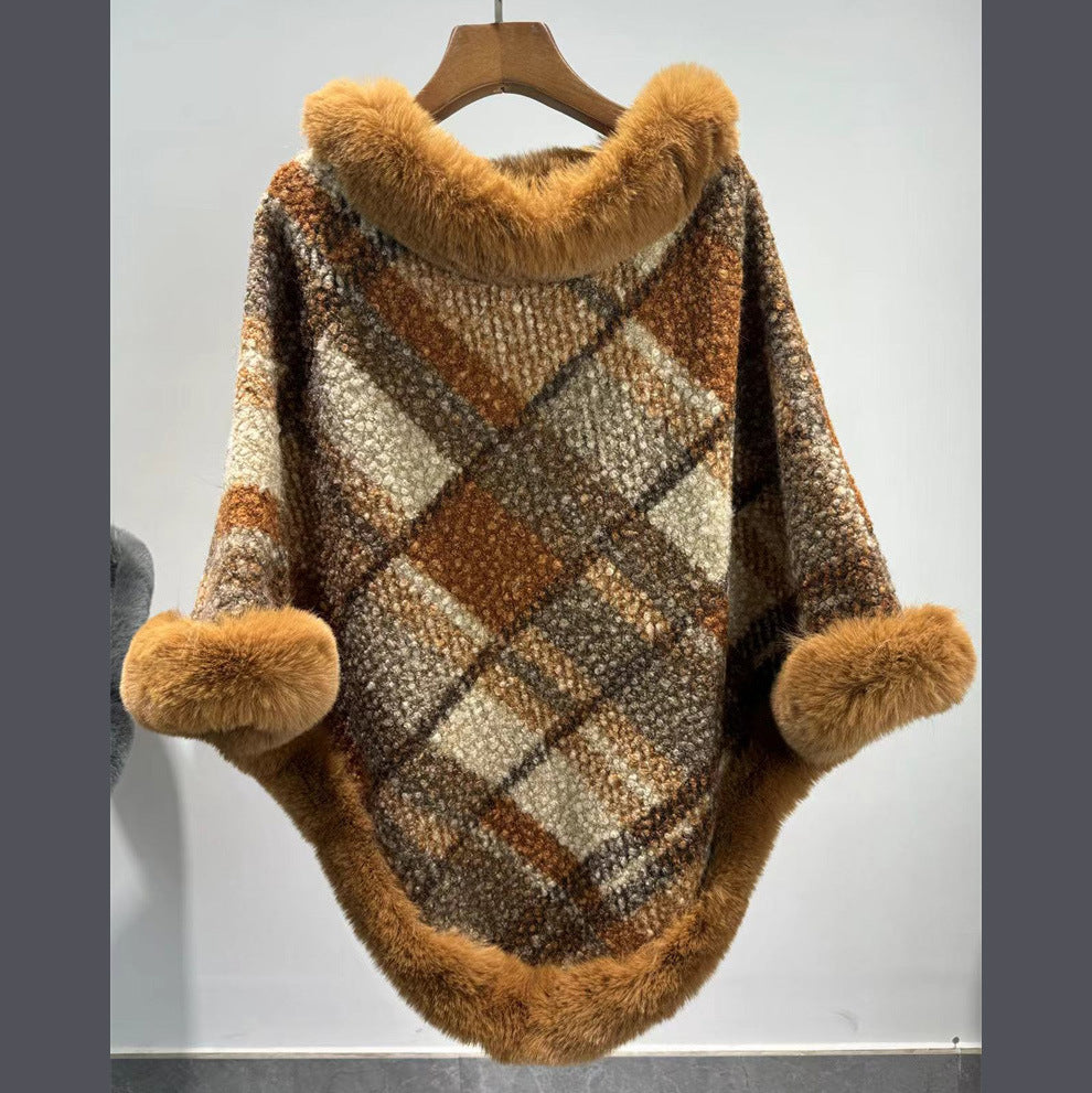 Big Fur Collar Cloak Mid-length Batwing Sleeve Pullover Classic Plaid Shawl