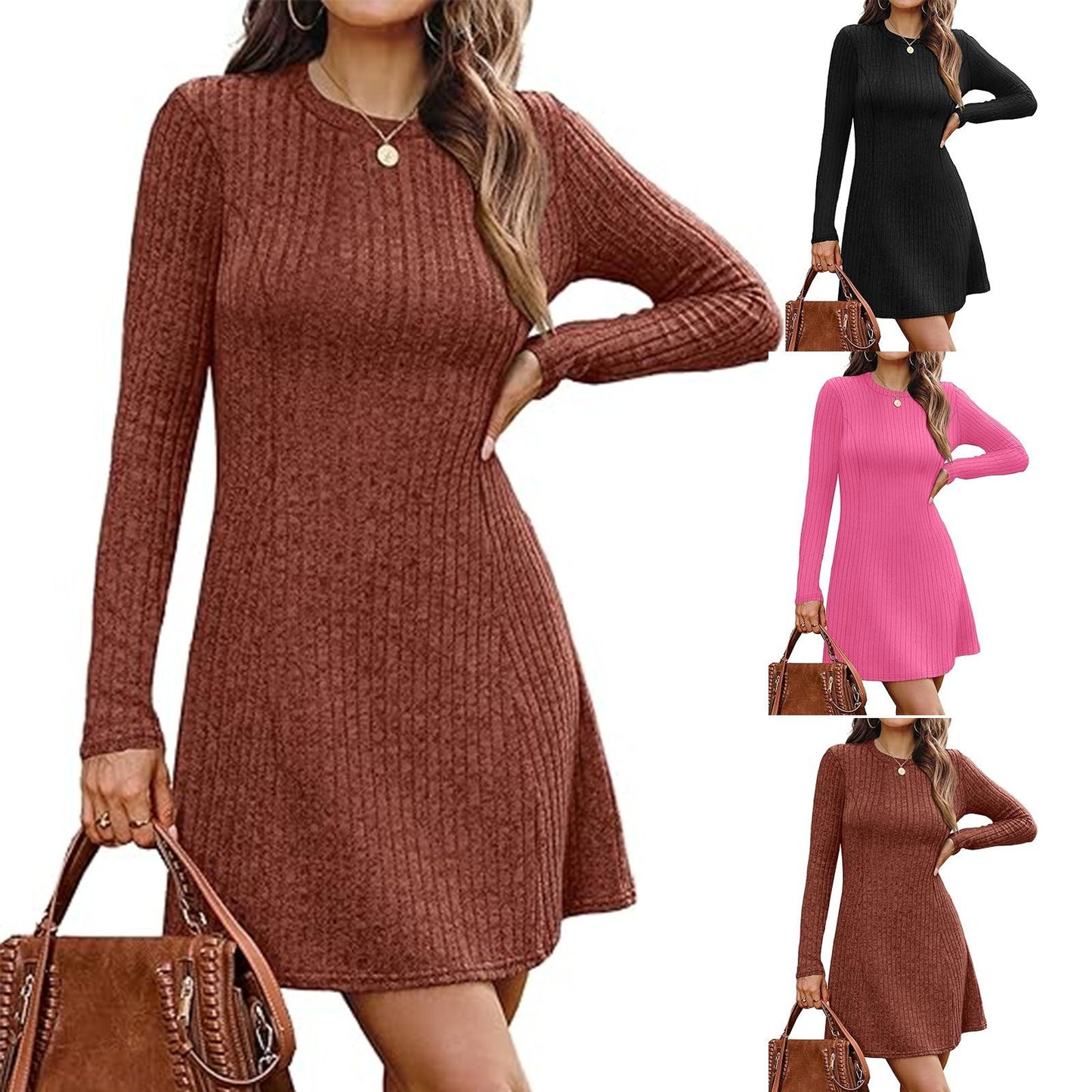 New AutumnWinter European And American Style Fitted Long-Sleeve Sweater Dress For Women