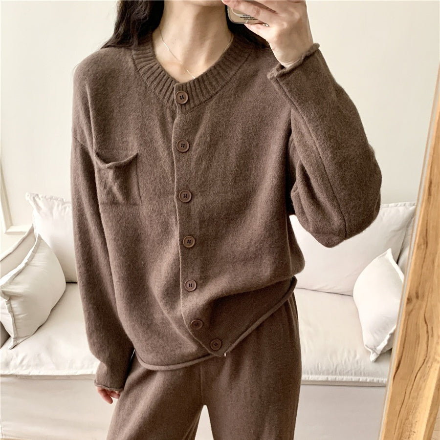 Knitting Suit Women's Loose Round Neck Cardigan Sweater Wide Leg Pants All-matching