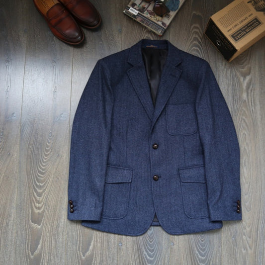American-style Vintage Herringbone Tweed Heavyweight Wool Work Jacket With Mushroom Buttons
