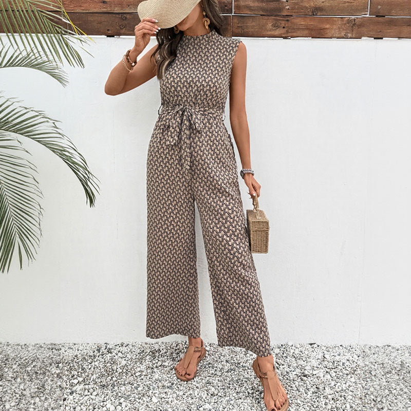 European And American Leisure Jumpsuit Cross-border Lace-up Sleeveless Geometric Print One-piece Trousers