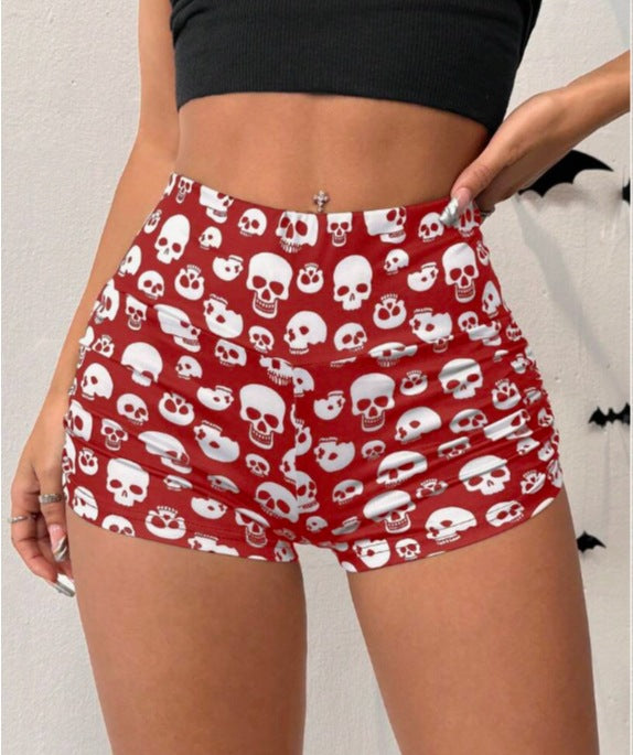 Halloween Skull Print Cropped Pleated Leggings