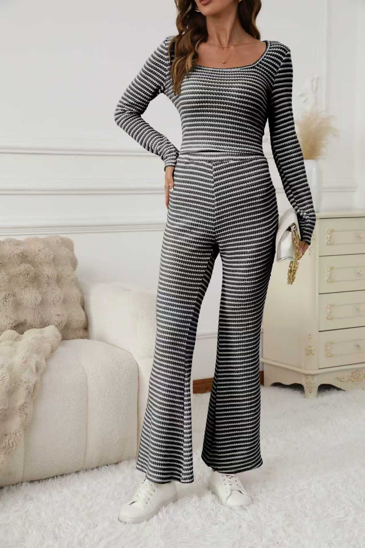 Simple Relaxed-fit Striped Wide-leg Pants Set