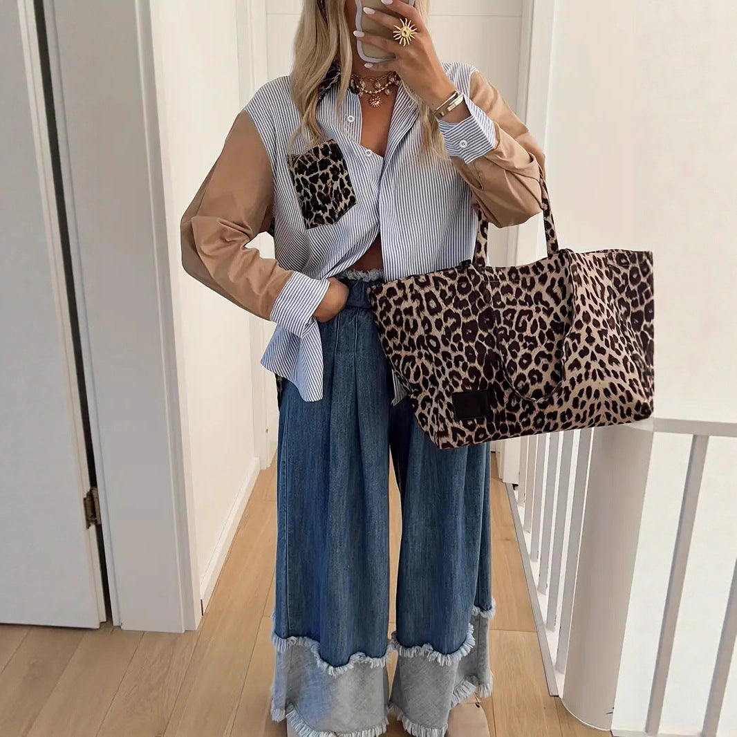 Dame Løs Leoprint Patchwork Stribet Skjorte