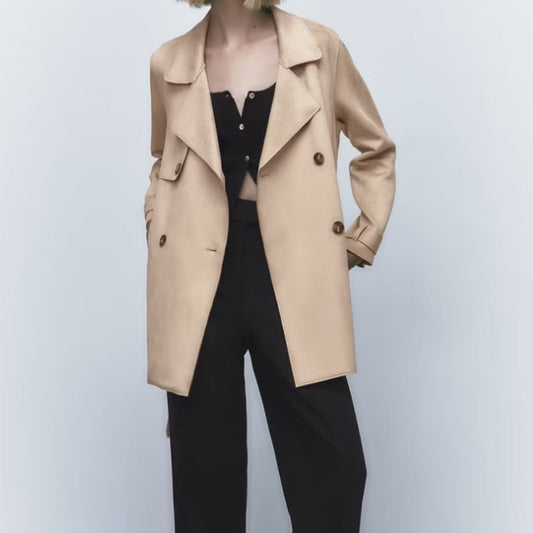 European And American Loose Lace-up Mid-length Suede Textured Trench Coat