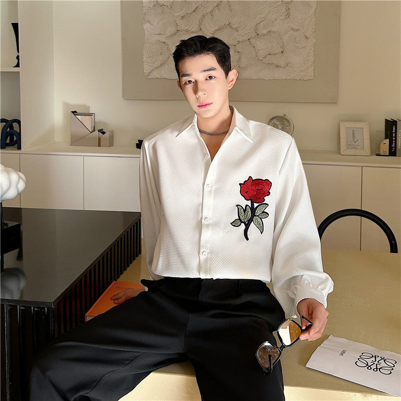 Heavy Weight Mens Shirt With An Embroidered Rose Pattern And A Textured Jacquard Weave