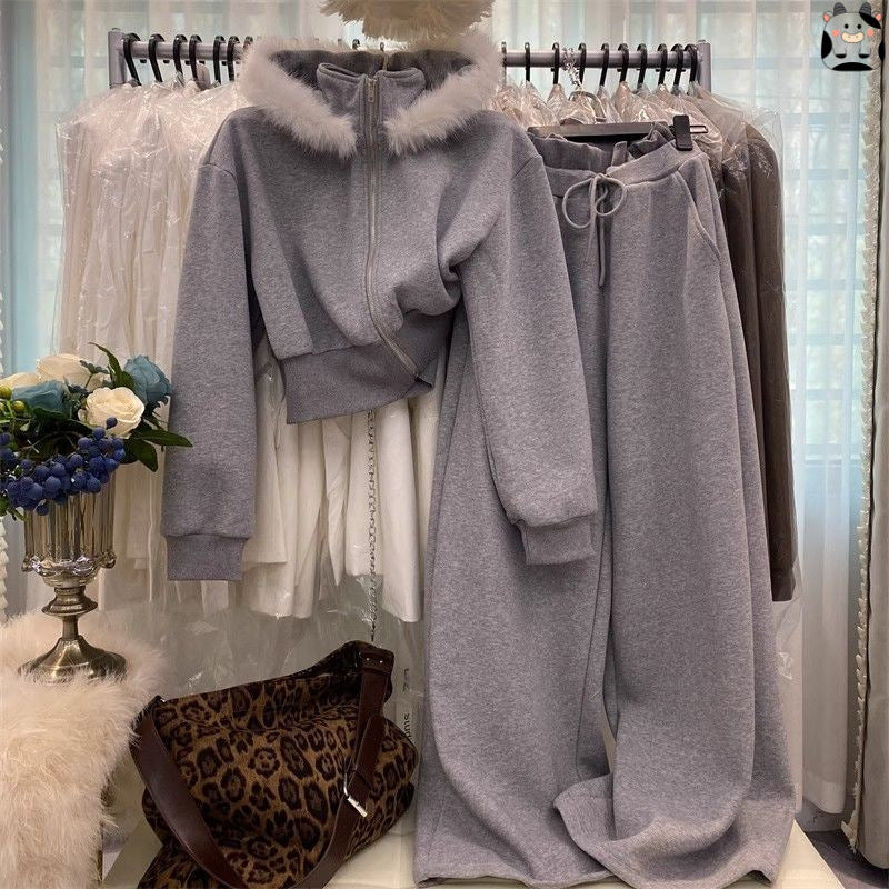 Gray Hooded Coat Fur Collar Fleece Sweater