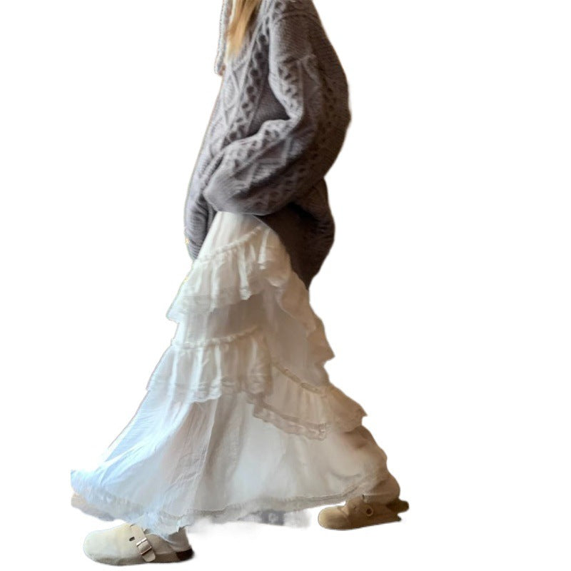 Sweet White Lace Stitching Skirt