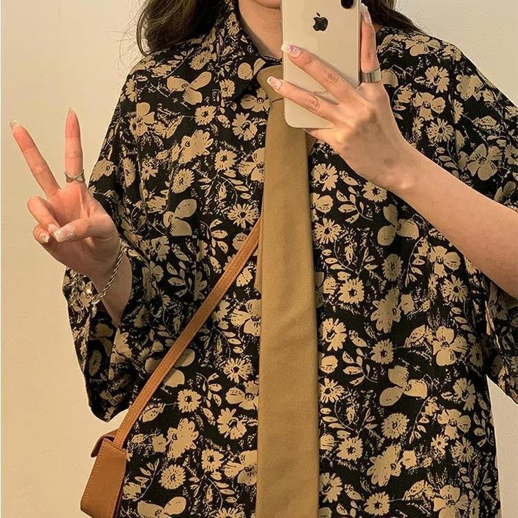 Hong Kong Style Flower Loose Short Sleeve Shirt Top Summer Thin