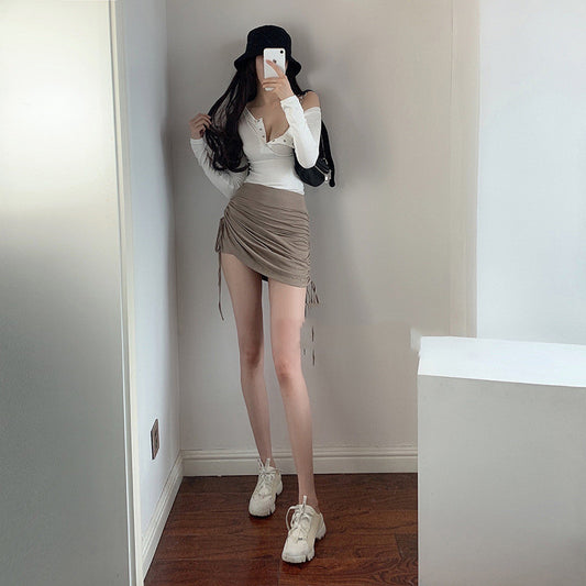 Sexy Pleated Drawstring Slimming Irregular High-waisted Culottes With Straps