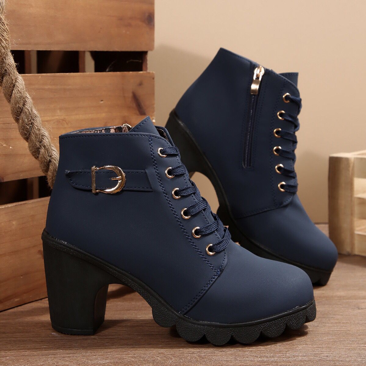 Womens Cross-Tie Chunky-Heel Ankle Boots