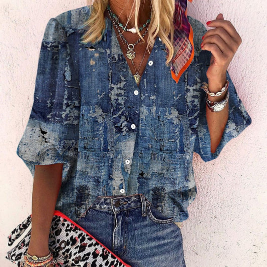 Floral-print Long-sleeve Top Fashionable V-neck Blouse For Women 3D