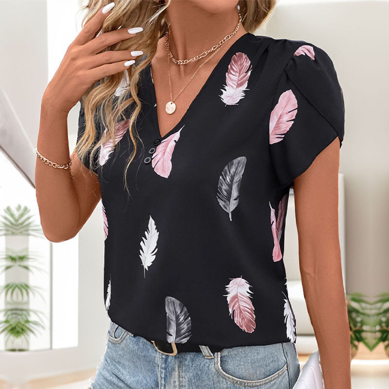 Women's Casual V-neck Feather Printed Shirt