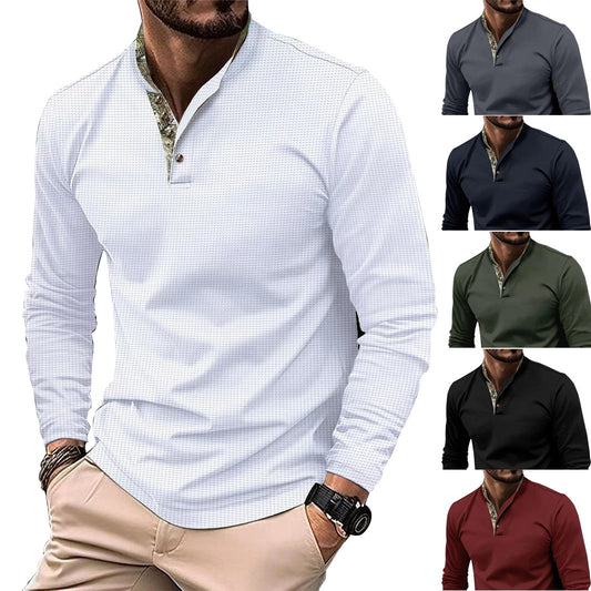 Polo T-shirt til mænd med dobbeltlagskrave, moderigtig vaflet langærmet overdel