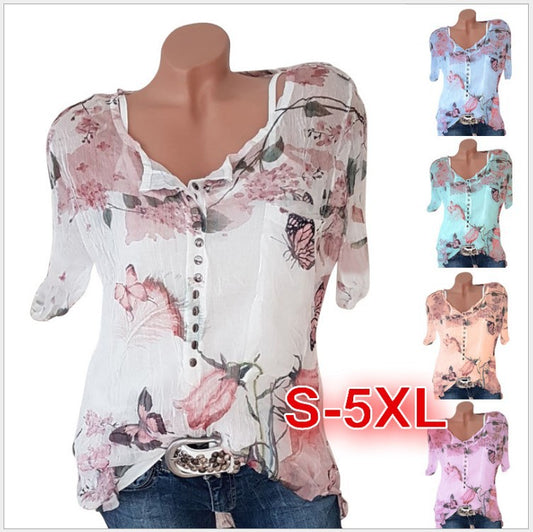 Short Sleeve Printed Shirt Button Top Chiffon Shirt