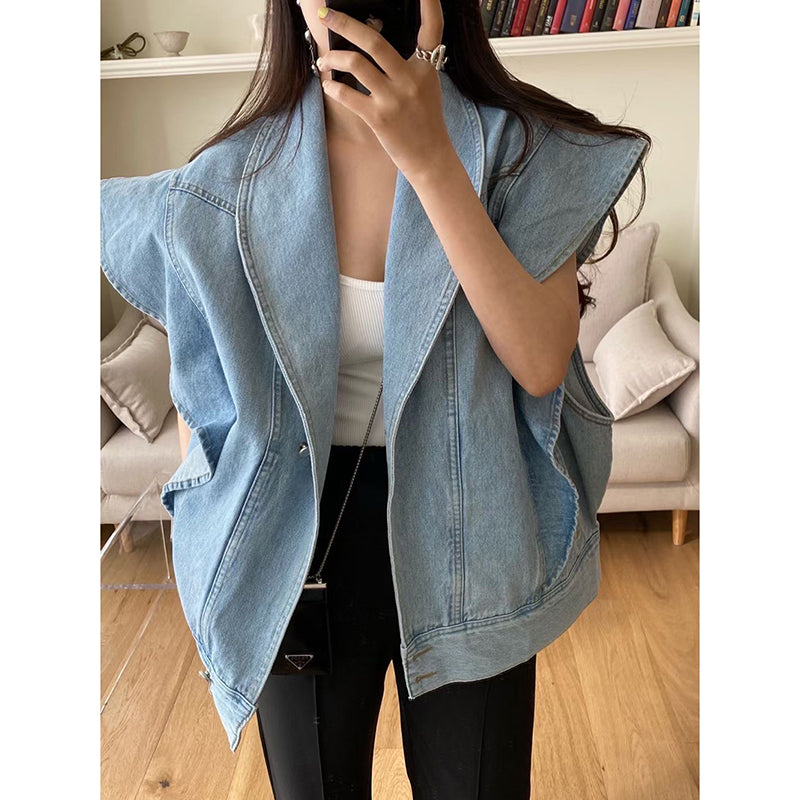 Summer Retro Niche Lapel Ruffled Loose Wild Washed Blue Denim Waistcoat
