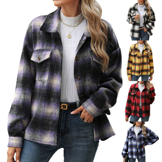 Polo Collar Stripes Plaid Pocket Loose Long-sleeved Woolen Coat