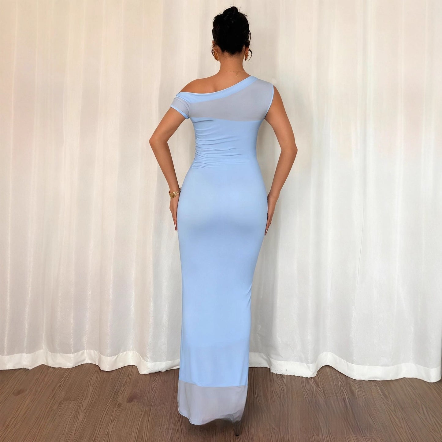 Womens Fashion Irregular-Neckline Slim-Fit Sleeveless Dress