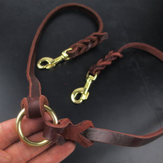 Cowhide Rope Double Hook Traction Two Dogs Traction Leather Rope
