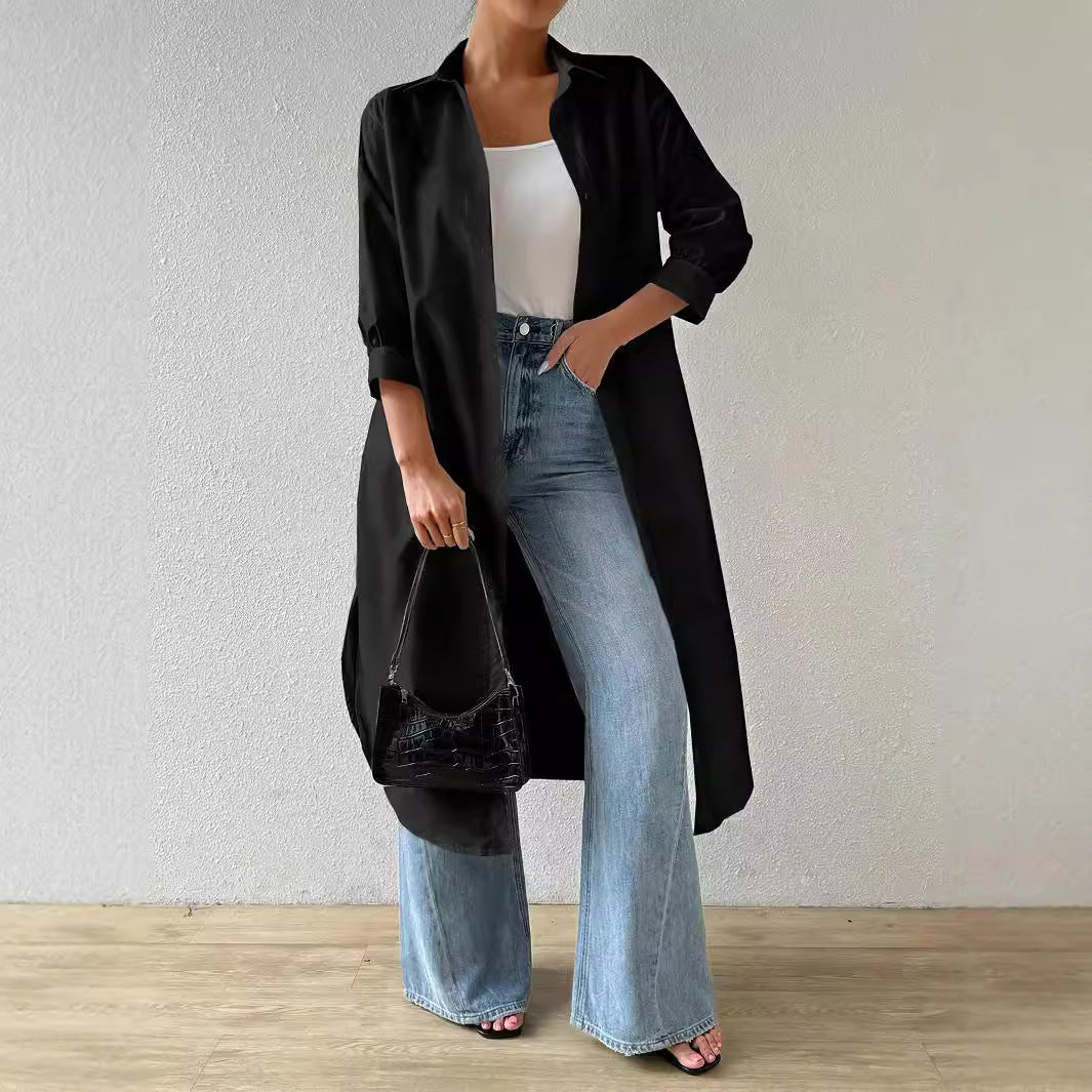 Womens Versatile Long Solid-color Cardigan With Three-quarter Sleeves