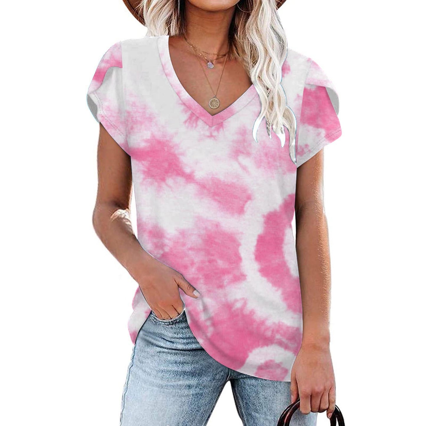 Tie Dyed Floral V-neck Loose Women's T-shirt