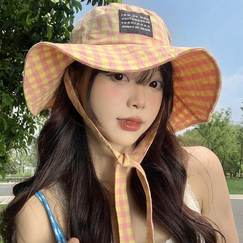Tie-neck Plaid Bucket Hat Women's Summer Japanese Retro