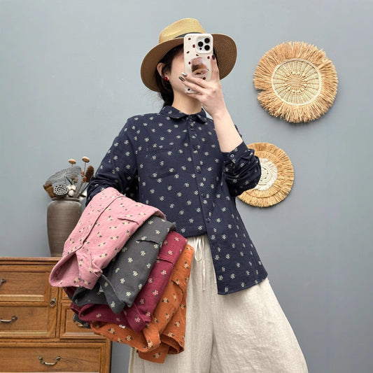 Retro Floral Cotton And Linen Blouse For Women