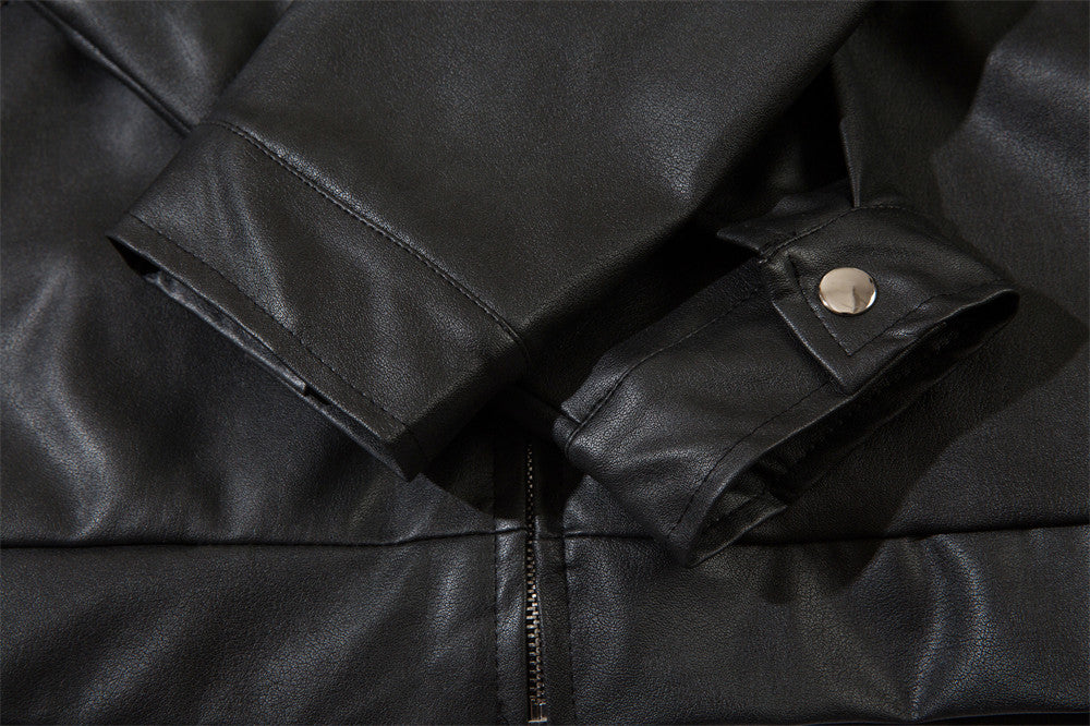Letter Embroidered Lapel Leather Coat Loose Men