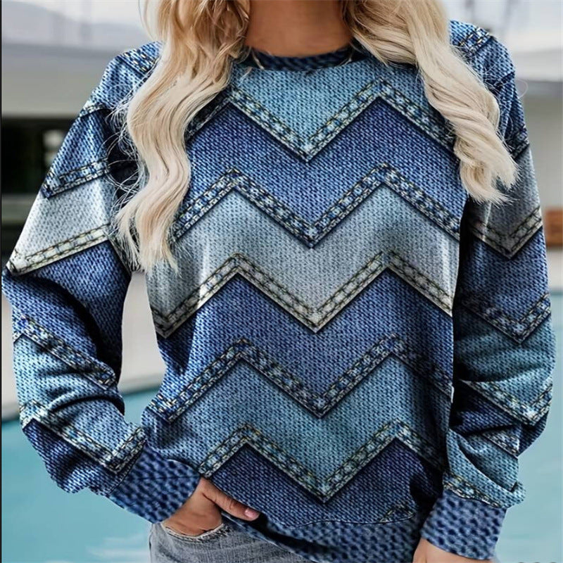 Rundhalset langærmet afslappet sweatshirt løs plus-size med print