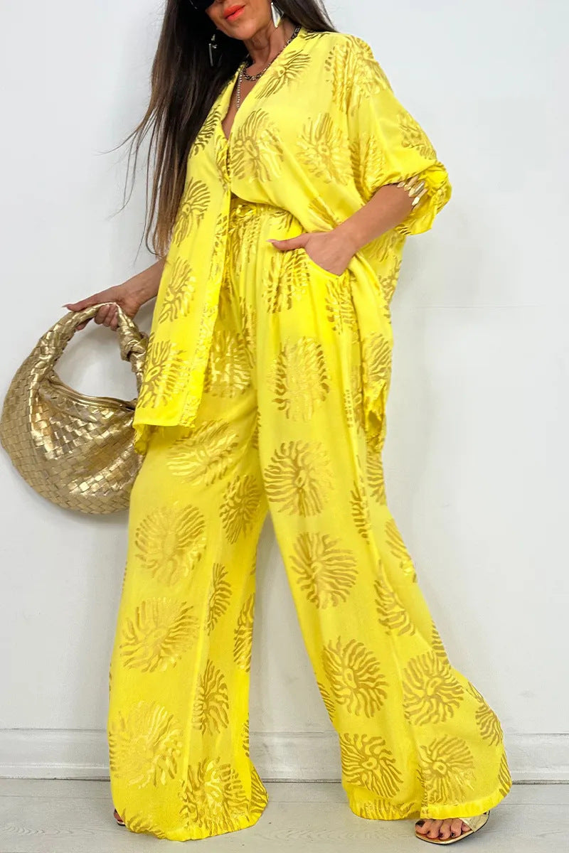 Women's Lapel Print Loose Casual Long Sleeve Set