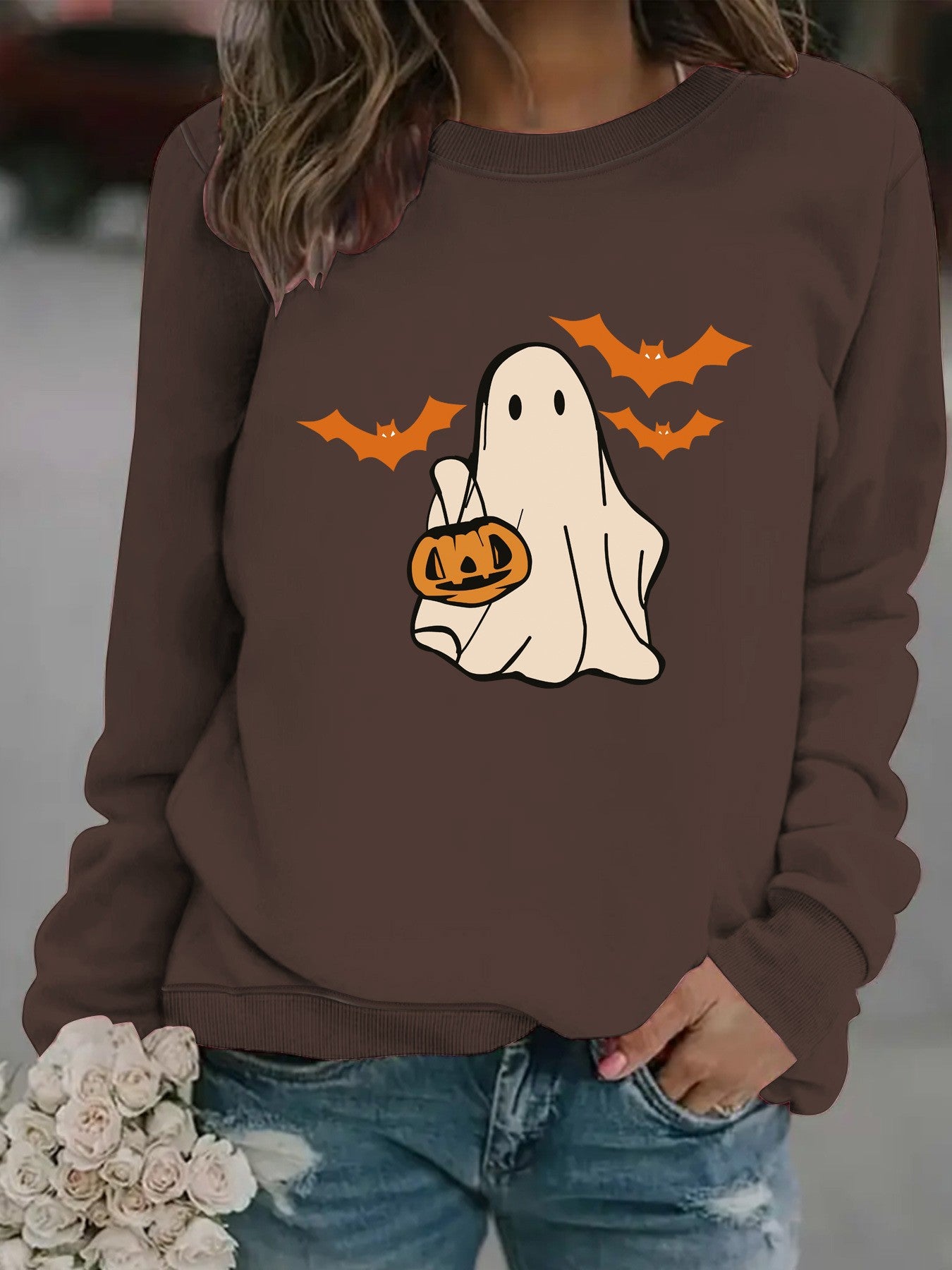 Halloween Casual Long Sleeve Round Neck Cartoon Ghost Print Pullover Sweater Sweatshirt