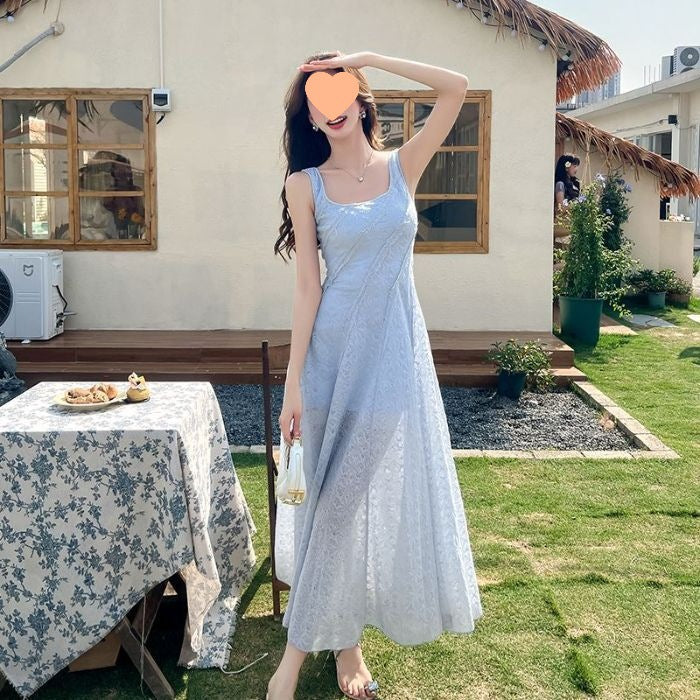 French-style Blue Square-Neck Strap Dress Womens Waist-Cinching Slimming Dress