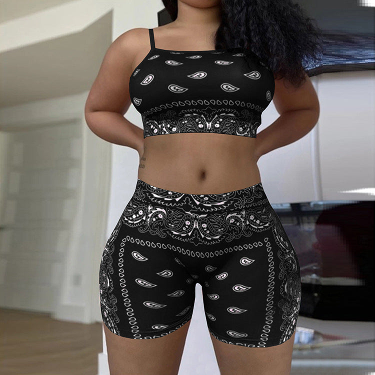 Womens Casual Printed Camisole And Sleeveless Shorts Two-Piece Set