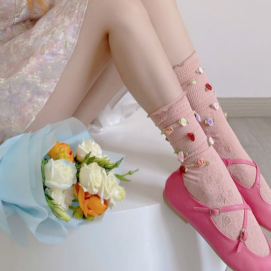 Escape Rose Cute Sweet Beautiful Flowers Puff Girl Breathable Mid-calf Length Loose Socks