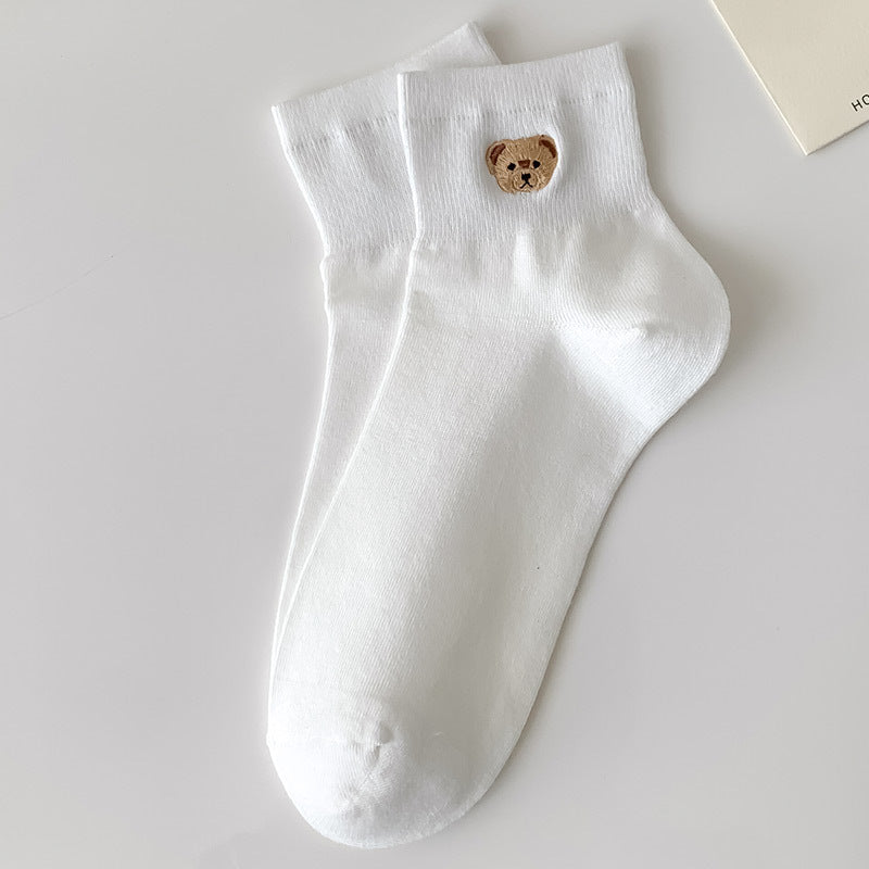 Bear Embroidery Socks Women's Cute Cartoon Teenage Girl Short Tube
