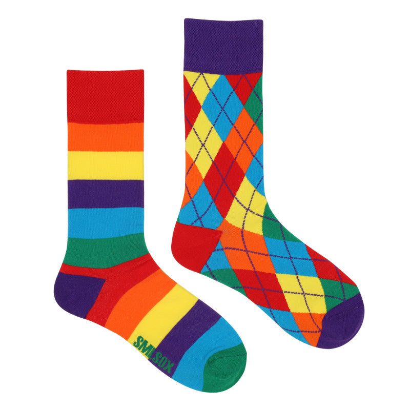 Asymmetrical Color Retro Personality Male And Female Couple Mid-length Cotton Socks