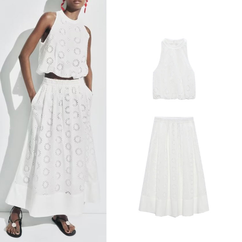 White Hollow-out Embroidered Top High Waist Skirt