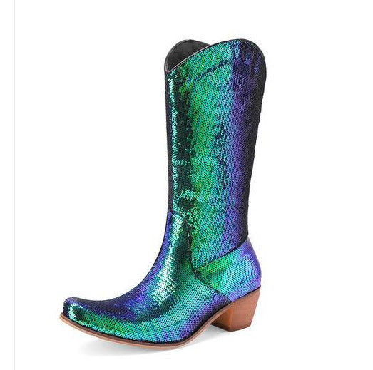 Womens Block-Heel Patent Leather Knee-High Boots