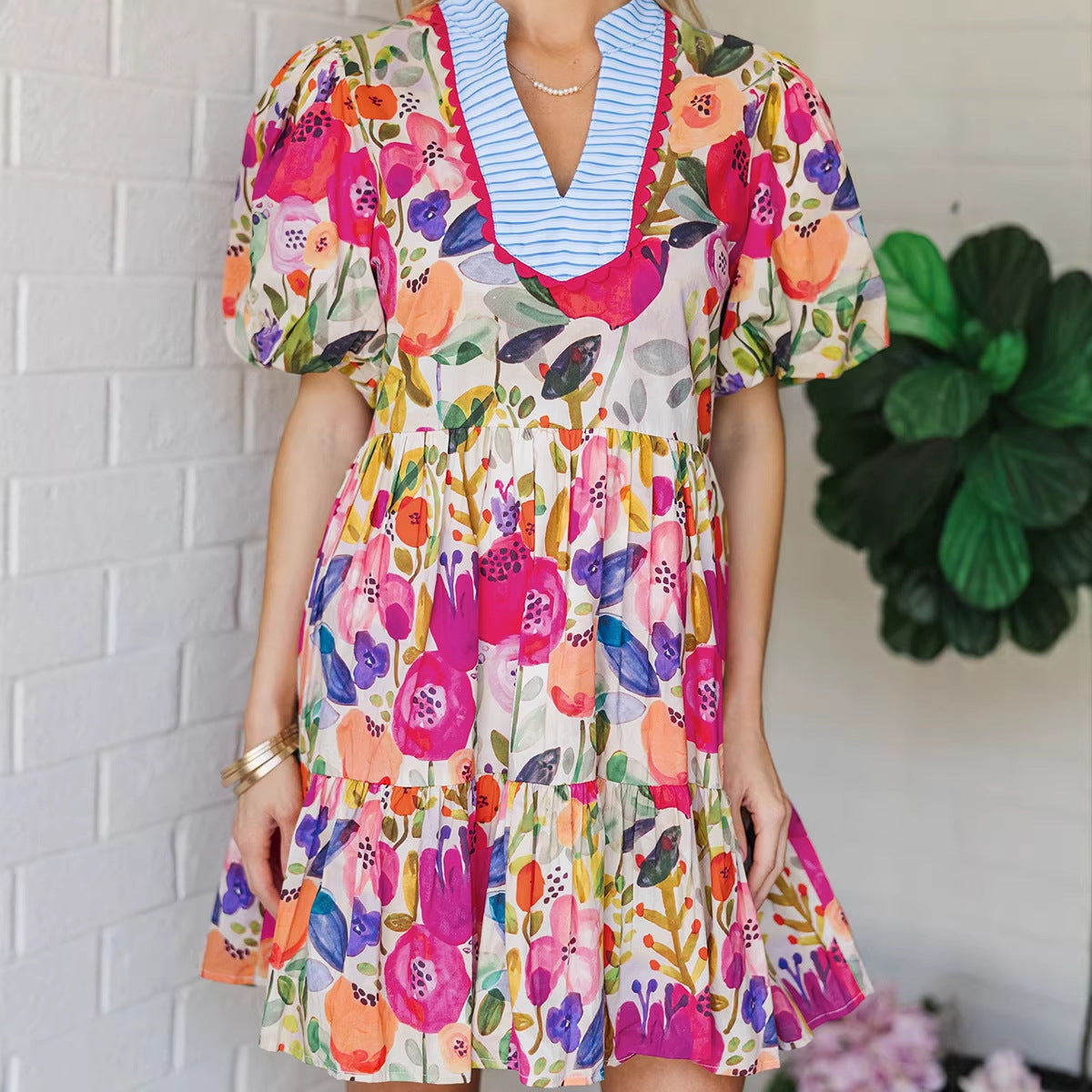 Versatile Floral Print Striped Trim Dress For Women