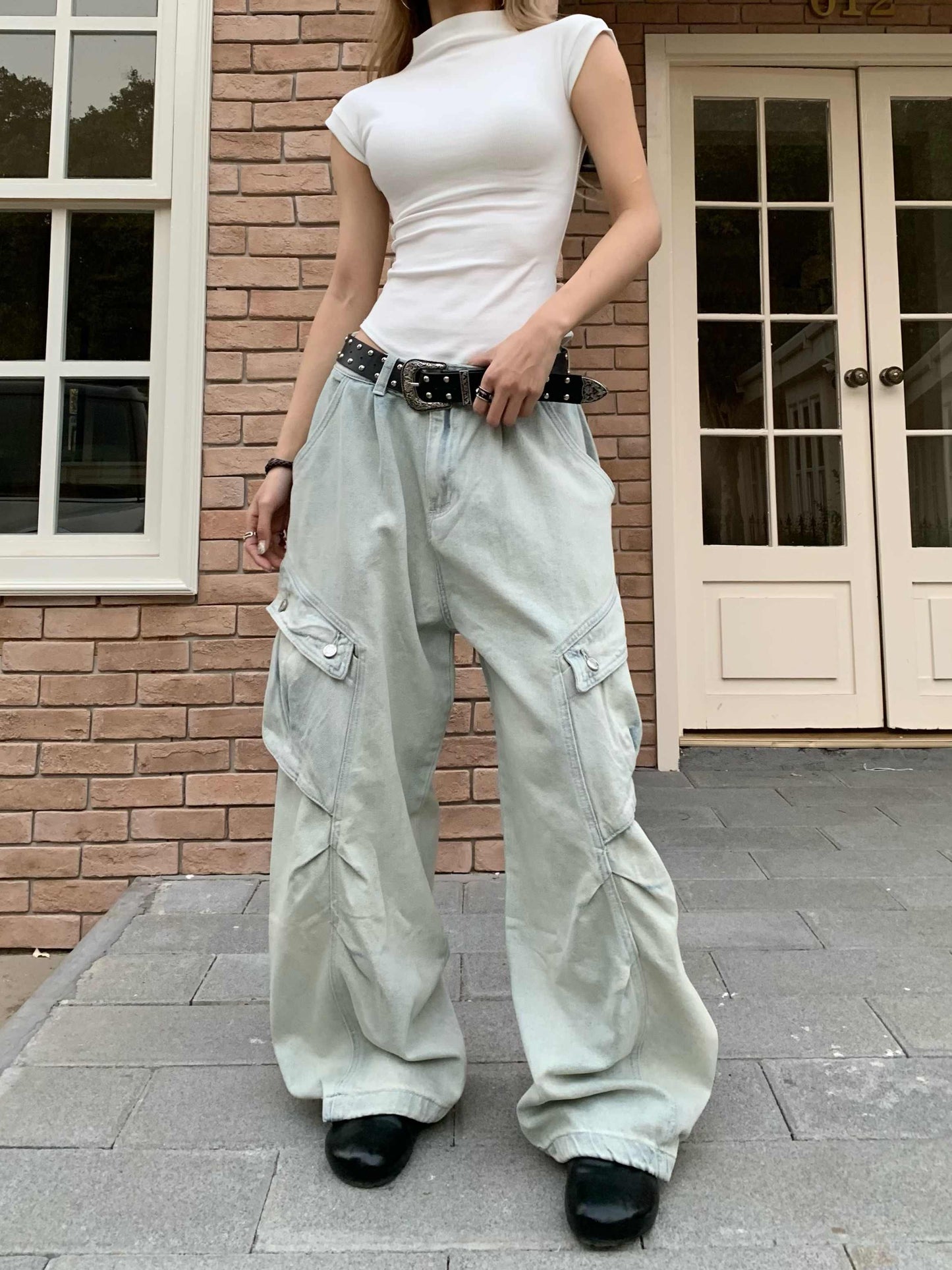 Retro arbejdstøj store lomme-jeans løse lige benbukser