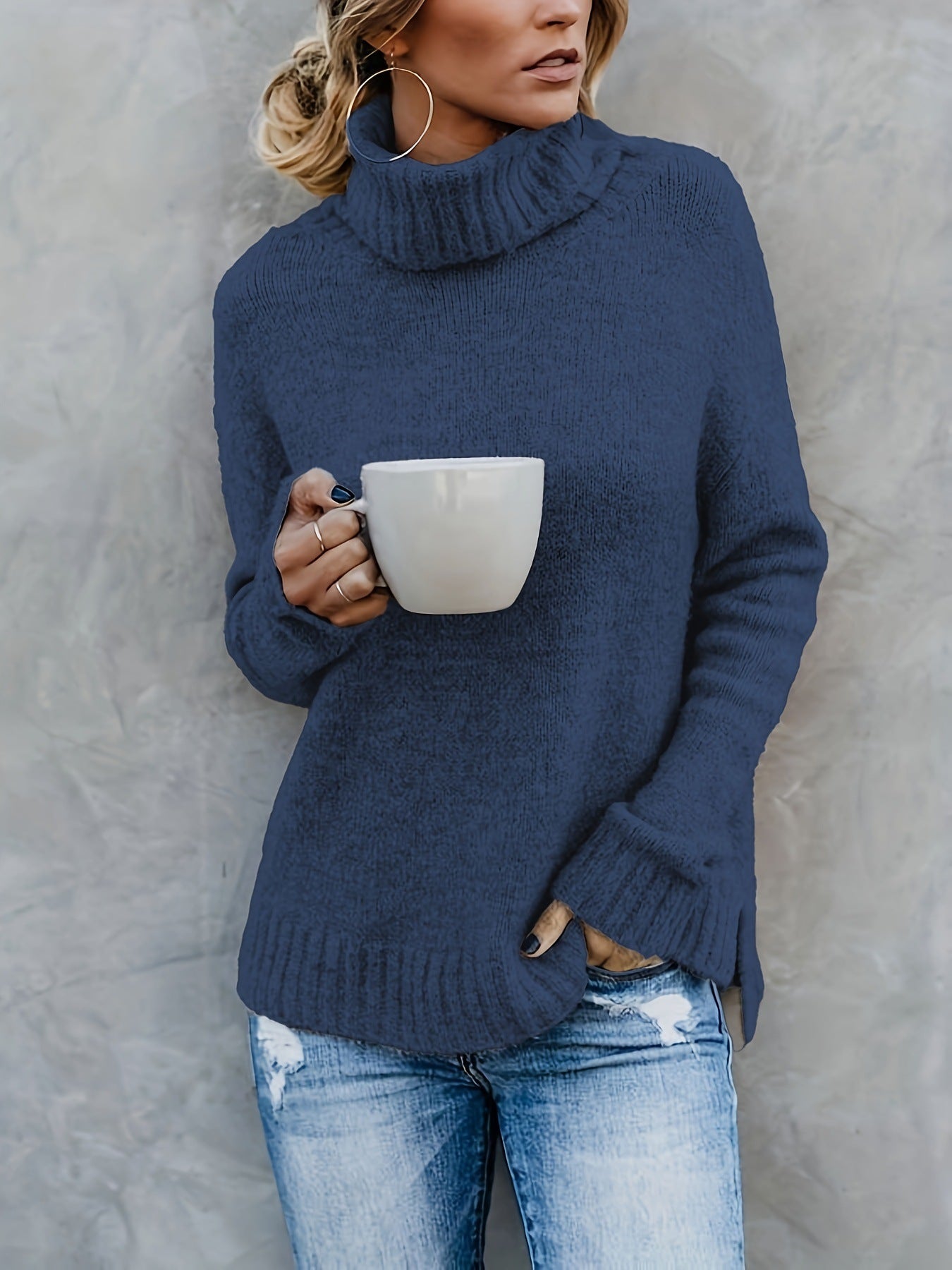 Europæisk og amerikansk langærmet rullekrave-sweater til kvinder i ensfarvet