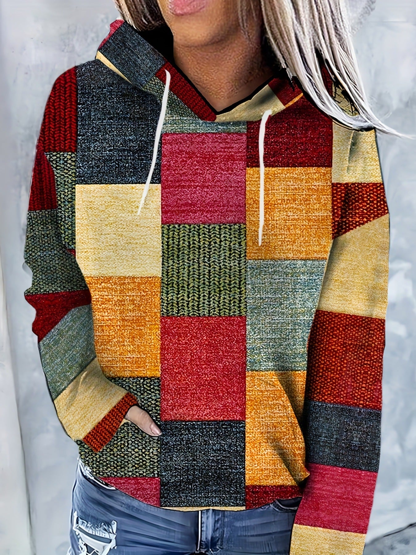 Vintage Plaid Hættetrøje Afslappet Snøre